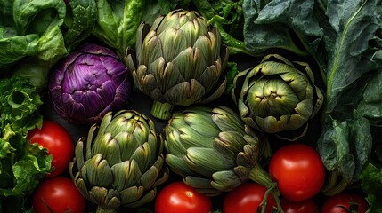 Fototapeta premium Freshly picked artichokes and tomatoes