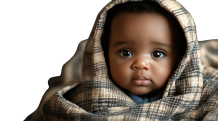  Tender Gaze: A captivating portrait of a baby wrapped in a cozy blanket, radiating innocence and warmth with a focused, expressive gaze.