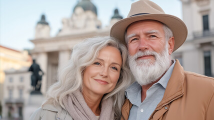 Elderly couple smiling enjoying their trip in historical city. Concept of active old age, love, care and happy life in retirement.