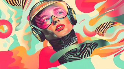 A vibrant portrait of a woman with headphones, surrounded by colorful abstract patterns.