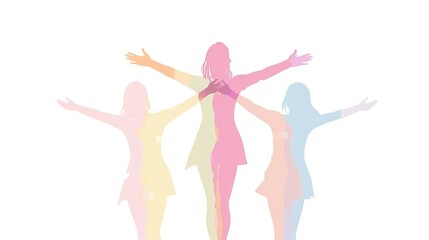 Pastel Colored Logo Illustration of Woman's Silhouette Standing on Hands Surrounded by Other Women, Symbolizing Support and Community in English Language Learning