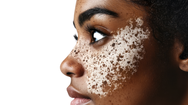 Embracing Beauty: A close-up portrait of a stunning woman showcasing unique skin pigmentation patterns, her gaze radiating confidence and self-acceptance.