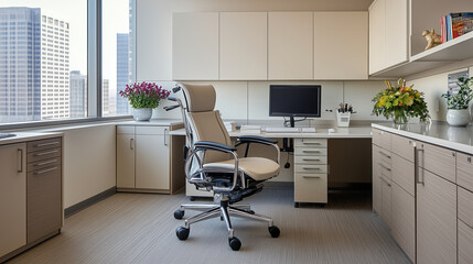 modern office workspace featuring wheelchair accessible ergonomic chair, desk, and computer setup. bright environment is enhanced by plants and natural light, promoting productivity and comfort