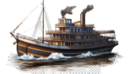 Steamboat on the Water: An illustration depicts a classic steamboat sailing on a river, capturing the romance of travel and exploration. 