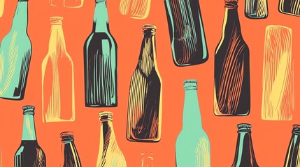 Colorful illustration of various bottles on an orange background.