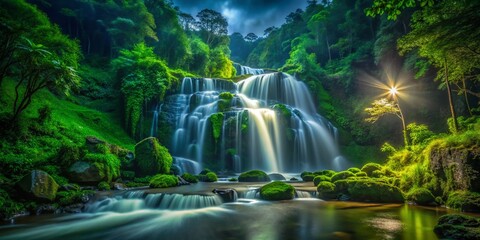 Obraz premium Sunanta Waterfall Night Photography: Lush Forest Park Glowing in Moonlight