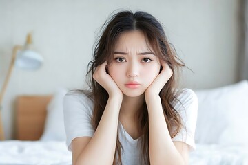 Fototapeta premium Emotional reflection of a young woman in her bedroom indoor setting portrait photography