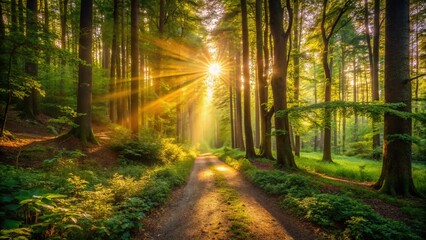 Fototapeta premium Sunbeams Illuminating Forest Path - Magical Golden Hour Light Through Trees