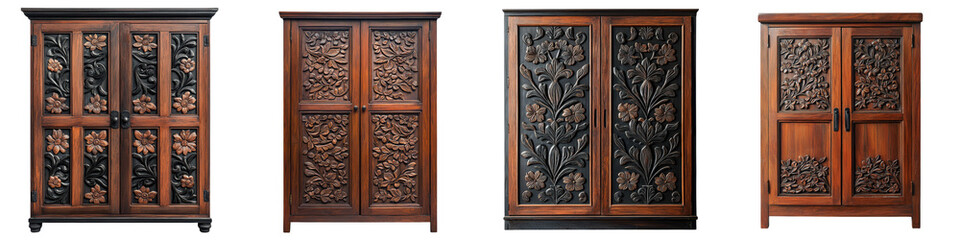 Elegant and Vintage Wooden Cabinets with Ornate Floral Carvings Showcasing Intricate Handcraft Woodworking Designs for Traditional Home Decor and Interior Design