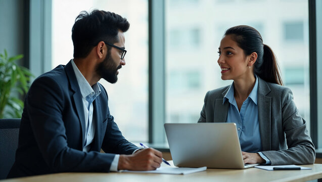 Latino HR Manager Performance Review Employee Office Workplace Business Meeting