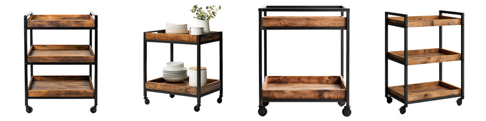 Rustic Industrial Wooden and Metal Mobile Storage Shelves with Multiple Tiers for Home Office or Retail Display