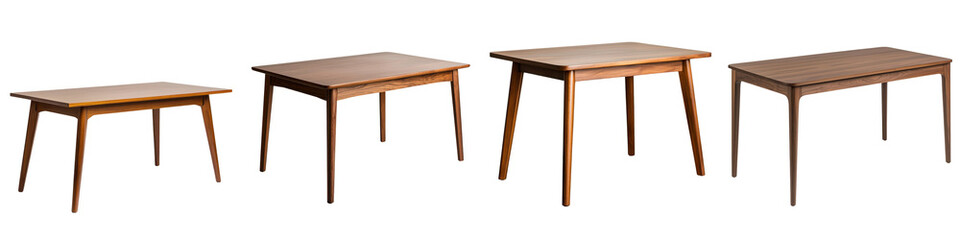 Arrangement of minimalist wooden tables in varying sizes shapes and finishes for modern home or office decor  The tables showcase clean lines natural materials and a cohesive harmonious composition