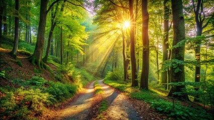 Fototapeta premium Sunlit Forest Path: Magical Woodland Trail Stock Photo