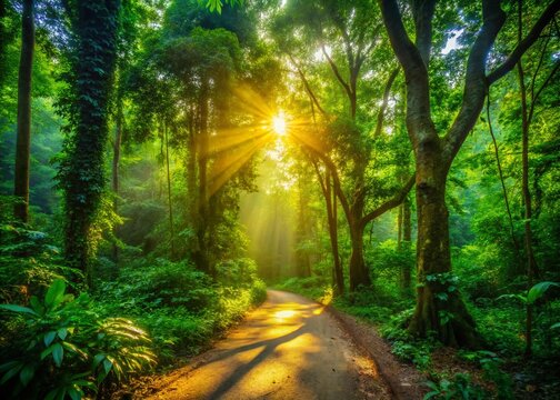 Sunlit Forest Path, Khun Sathan National Park, Nan, Thailand - Scenic Nature Stock Photo