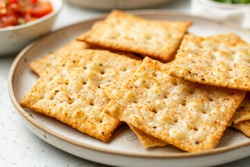 Fototapeta premium Spicy crackers on plate with salsa and herbs. Artificial intelligence image