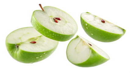 slices of green apple falling isolated on transparent background png