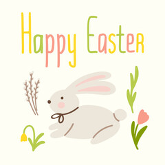 Happy Easter bunny with hand drawn flowers and cheerful greeting for a festive spring celebration, cute greeting card vector illustration