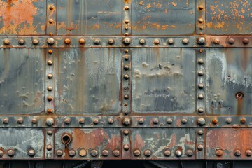 Photo of Side view of rust metal wall of railway wagon side part. Detailed photo textured background