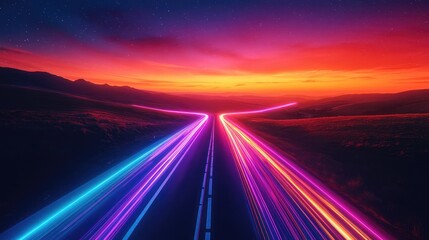 A vibrant sunset road scene with dynamic light trails suggesting motion and energy.