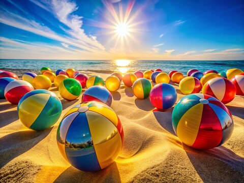 Sunny Beach Day: Vibrant Beach Balls in Sand, Double Exposure Photo
