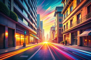 Naklejka premium Sunny City Street: Modern Architecture & Shops, Long Exposure Photography