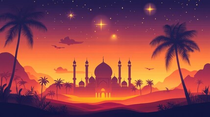 Majestic Mosque Silhouette at Sunset Desert Oasis