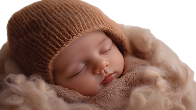 Dreamland: A serene portrait of a peaceful baby, wrapped in soft textures, wearing a knitted cap, drifting in the realm of dreams.