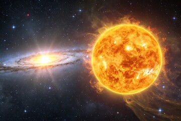 Fototapeta premium A blue planet orbits its star, the sun, in the vast cosmos of space