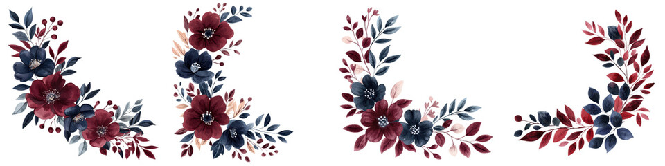 Elegant and dramatic floral arrangement composition featuring deep burgundy and navy blue flowers with lush green foliage styled in a vintage