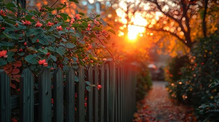 Obraz premium Autumn sunset path, flowers, fence, leaves