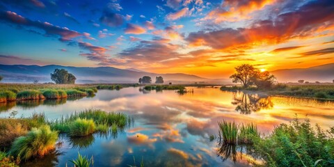 Fototapeta premium Sunrise Long Exposure, Hula Valley Nature Reserve, Israel - Dramatic Sky & Wetlands