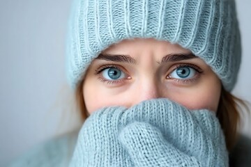 Winter emotions close-up of a young woman in a knit hat indoor intimate frosty mood