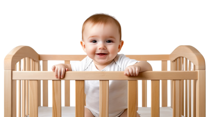 A Joyful Infant in a Wooden Crib: A delightful baby, with a captivating smile and curious eyes, rests in a wooden crib. The scene captures the innocence, happiness, and purity of early childhood.
