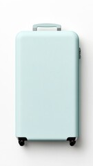 Light blue suitcase with wheels on white background