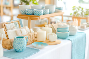 Fototapeta premium beautifully arranged craft fair table featuring ceramic dishes, candles, and textiles, creating cozy and inviting atmosphere for shoppers