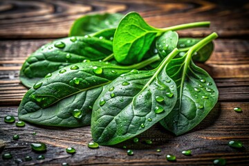 Vibrant green spinach, glistening with dew, contrasts rustic wood in this unexpected urban scene.