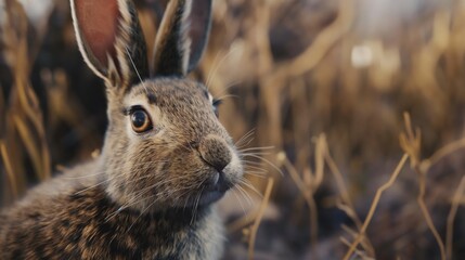 Fototapeta premium Rabbit with curious expression, calm mood, standing in a grassy field at dawn