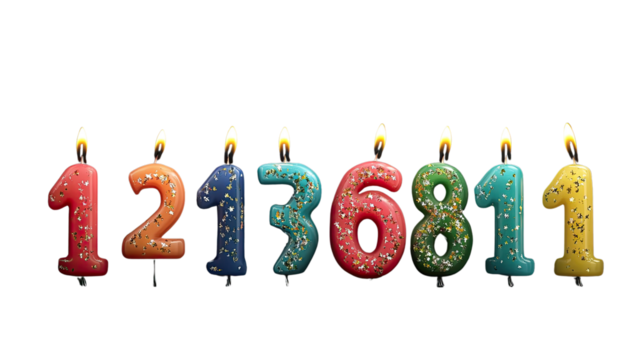 Candle Numbers: Colorful, numbered candles illuminated, ideal for celebrating birthdays, anniversaries, or milestones. 