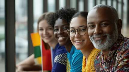 Obraz premium Celebrating cultural diversity in office, group of four individuals smiles together, showcasing unity and joy. Their vibrant attire reflects their unique backgrounds
