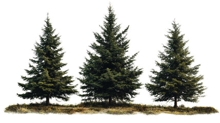 Fototapeta premium Evergreen Trio: Majestic evergreen trees, standing tall against the sky, represent resilience and enduring beauty. The image highlights the natural symmetry and texture of the needles.