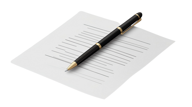 Contract of Precision: A sleek, polished pen poised delicately atop a crisp sheet of paper, evoking a sense of professionalism and attention to detail, suggesting agreement and official business.