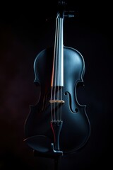 Fototapeta premium Elegant black violin against a dark background, highlighting its smooth curves and pristine strings.