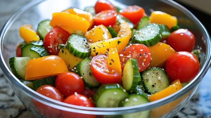 Fresh vegetable salad with tomatoes and cucumbers in a bowl and ready to serve