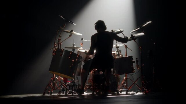 Trap set with hi-hat and bass drums and drummer playing music alone in studio. Professional rock musician rehearsing in night, back view of silhouette of man and drum set in darkness, future rock star