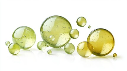 A group of green and yellow spheres are arranged in a row