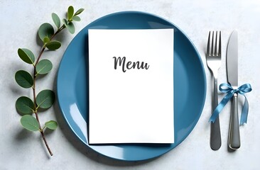Elegant menu mockup on blue plate with silver cutlery