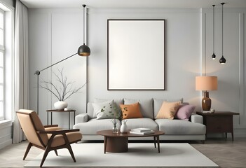Fototapeta premium The style is 3D model with octane render volumetric, highly detailed for videogame design. A living room with a couch , a table , and a picture frame on the wall