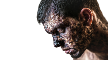Scarred Face: A man with a heavily scarred face, displaying a mixture of textures, shadows, and a somber expression, symbolizing resilience and the impact of hardship. 