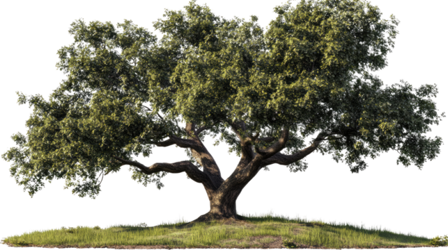 Majestic Oak Tree: An old, robust oak tree stands proudly on a small hill, its sprawling branches covered in lush green leaves, its deep roots anchoring it to the earth.