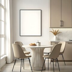 Interior of a kitchen with a blank frame on the wall, a round table with four chairs, and a window with white curtains